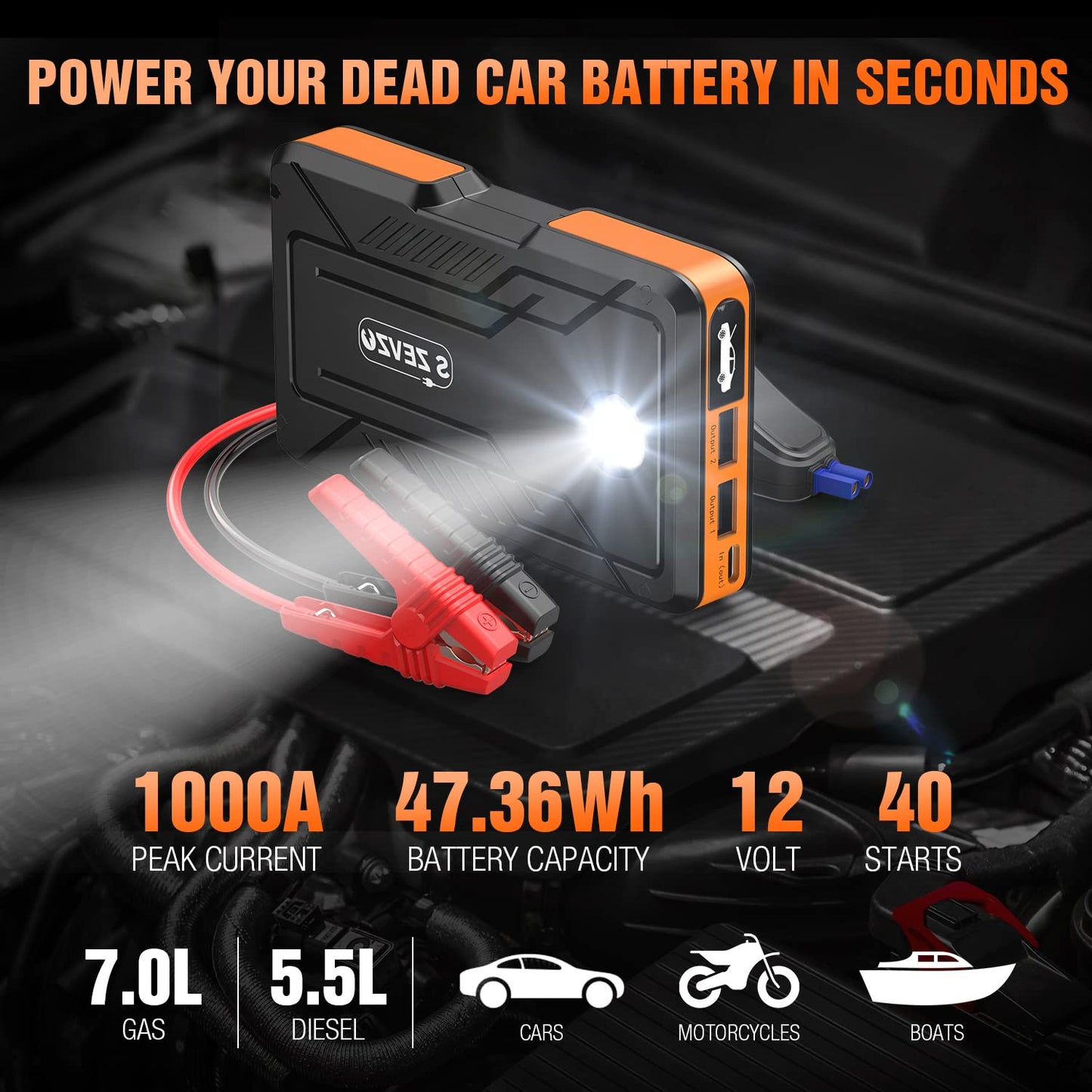 1000-Amp 12-Volt Portable Car Battery Jump Starter in Orange