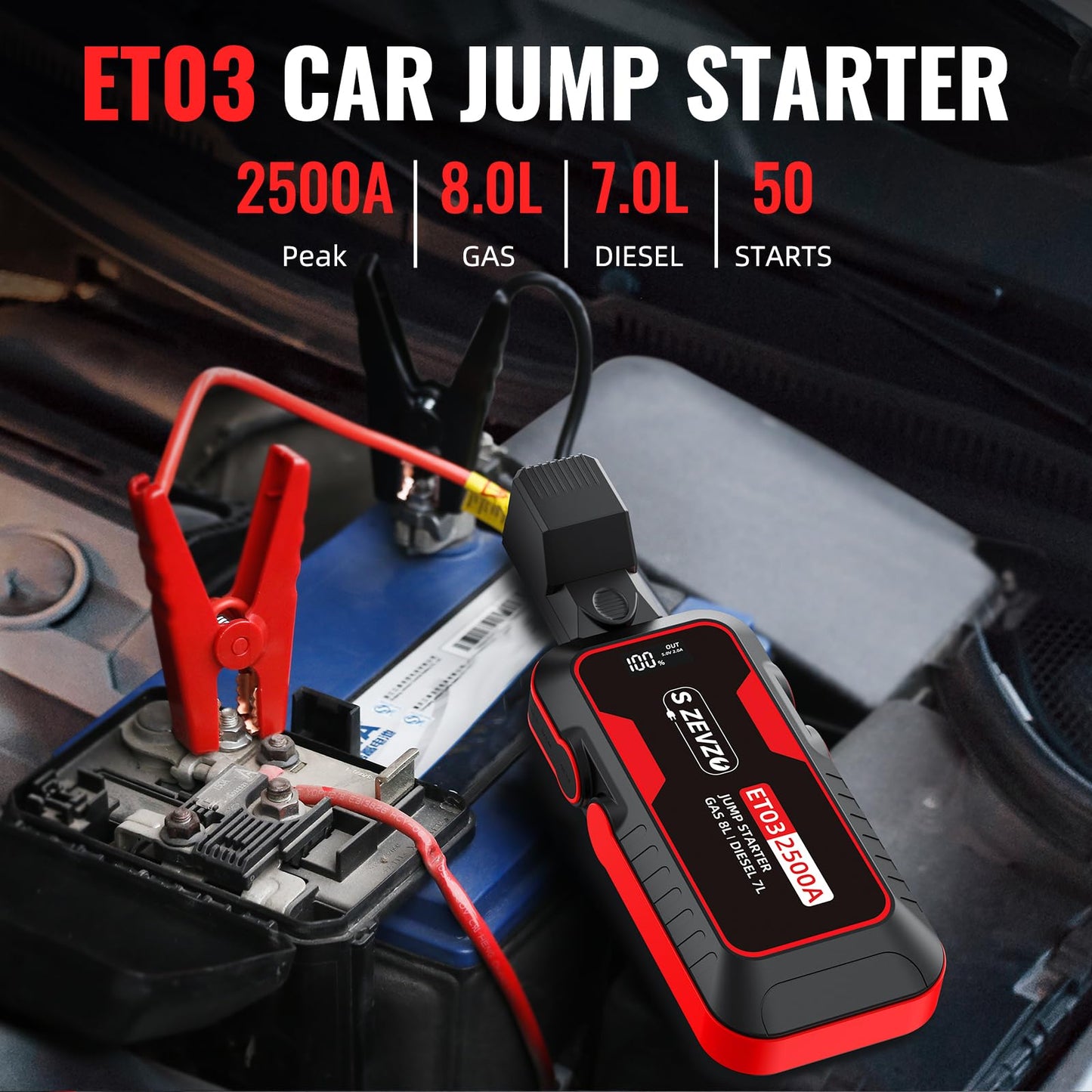 2500-Amp 12-Volt Portable Car Battery Jump Starter in Red