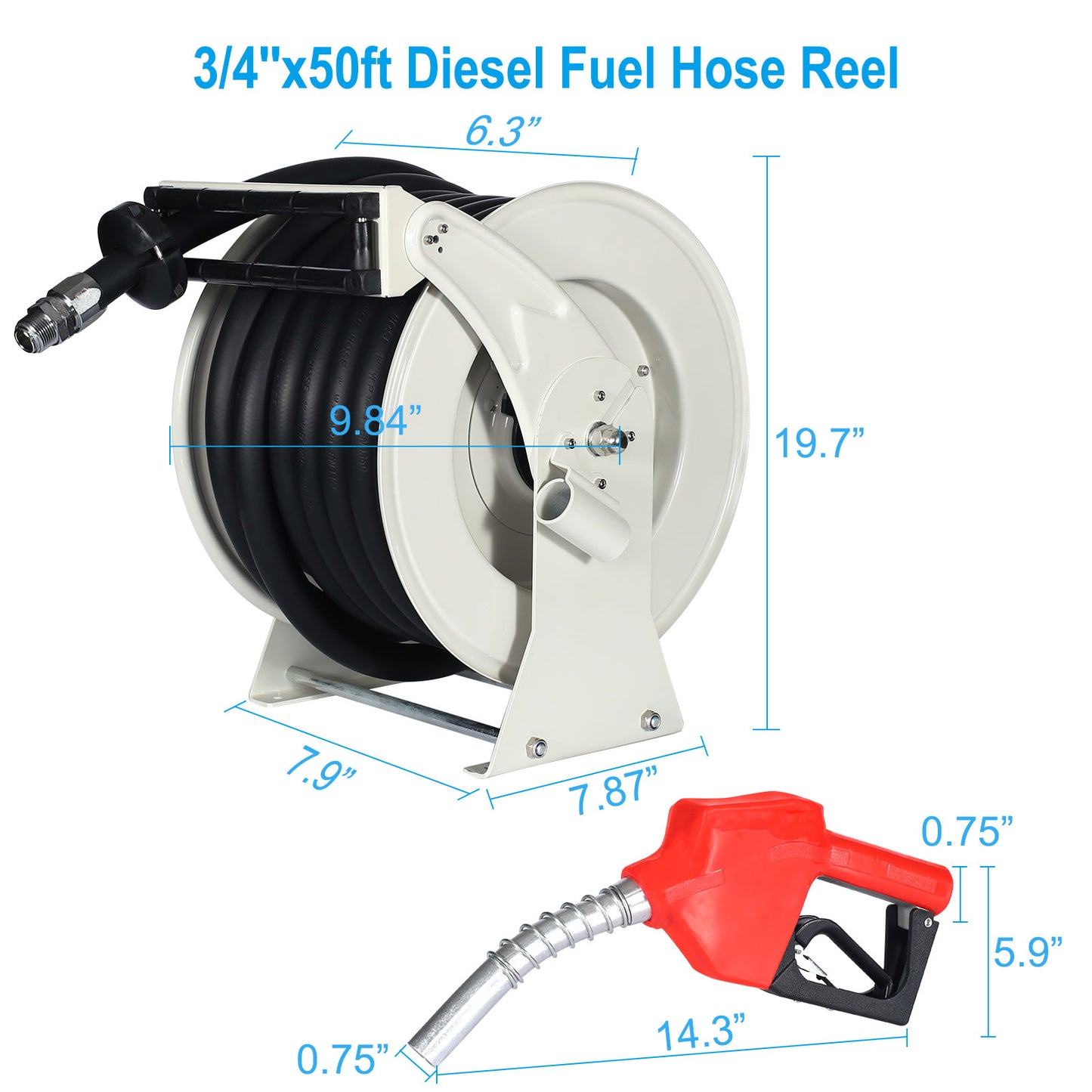 0.75 x 50 ft. Extra Long Retractable Heavy Duty Carbon Steel Construction Fuel Hose Reel with Automatic Fuel Nozzle