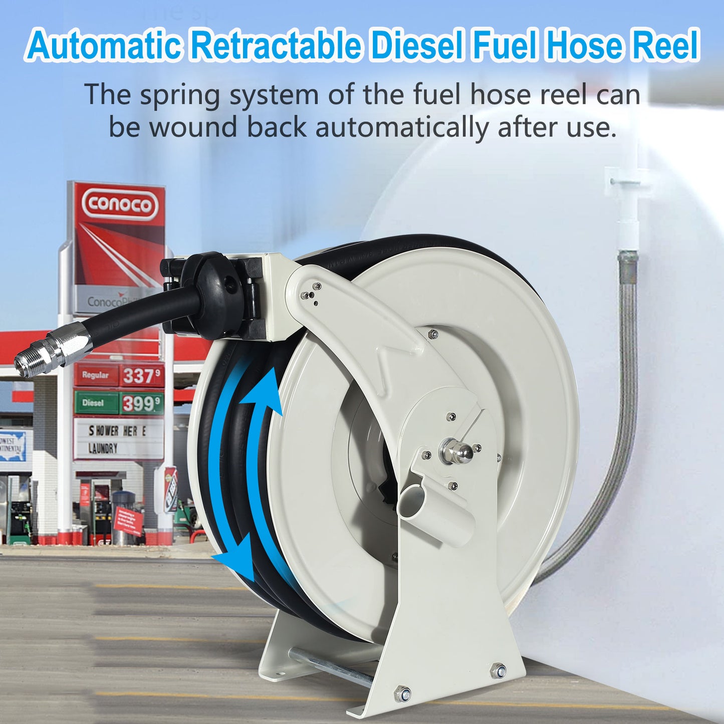 0.75 x 50 ft. Extra Long Retractable Heavy Duty Carbon Steel Construction Fuel Hose Reel with Automatic Fuel Nozzle