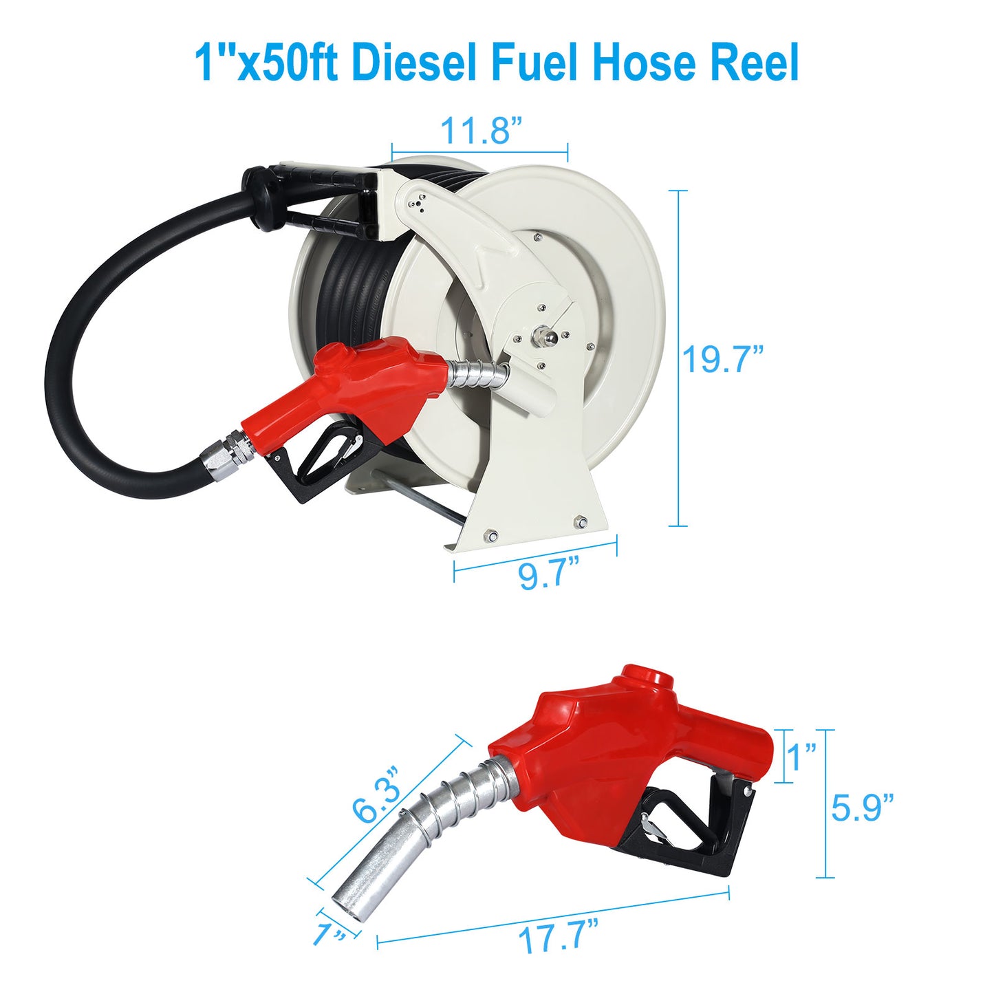 1 x 50 ft. Extra Long Retractable Heavy Duty Carbon Steel Construction Fuel Hose Reel with Automatic Fuel Nozzle