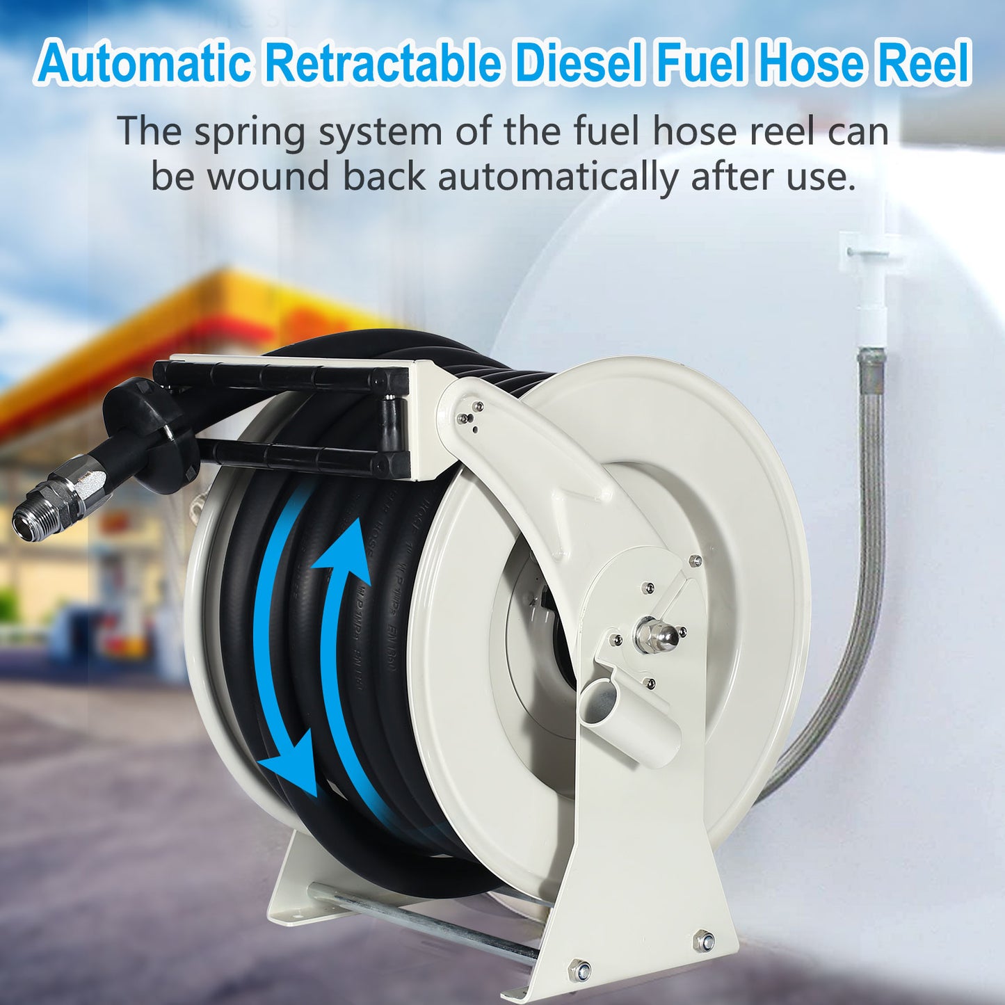 1 x 50 ft. Extra Long Retractable Heavy Duty Carbon Steel Construction Fuel Hose Reel with Automatic Fuel Nozzle