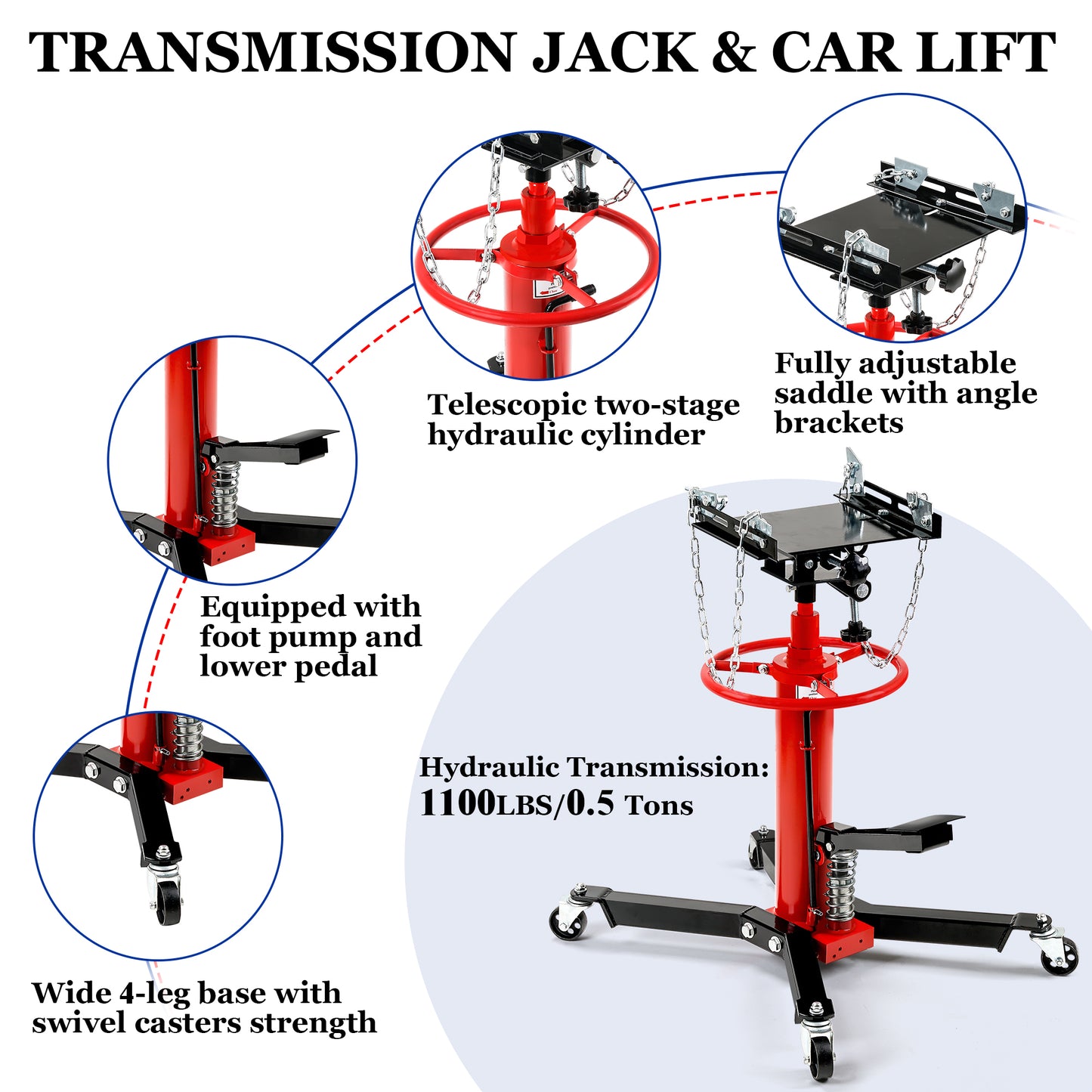 1100 LBS. 0.5 Tons Hydraulic Transmission Jack Floor Jack Stand with Foot Pedal and 360° Swivel Wheel