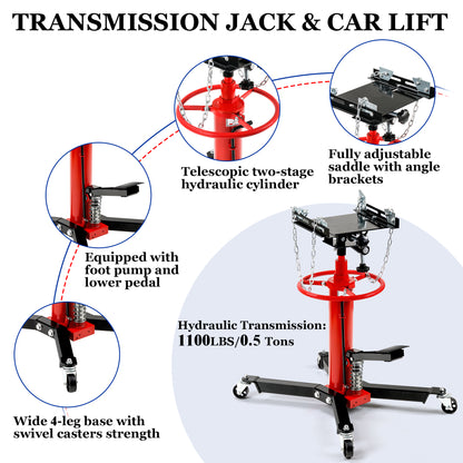 1100 LBS. 0.5 Tons Hydraulic Transmission Jack Floor Jack Stand with Foot Pedal and 360° Swivel Wheel