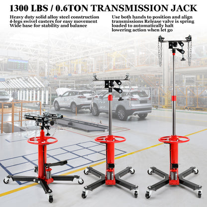 1300 LBS. 0.6 Tons Hydraulic Transmission Jack Floor Jack Stand with Foot Pedal and 360° Swivel Wheel