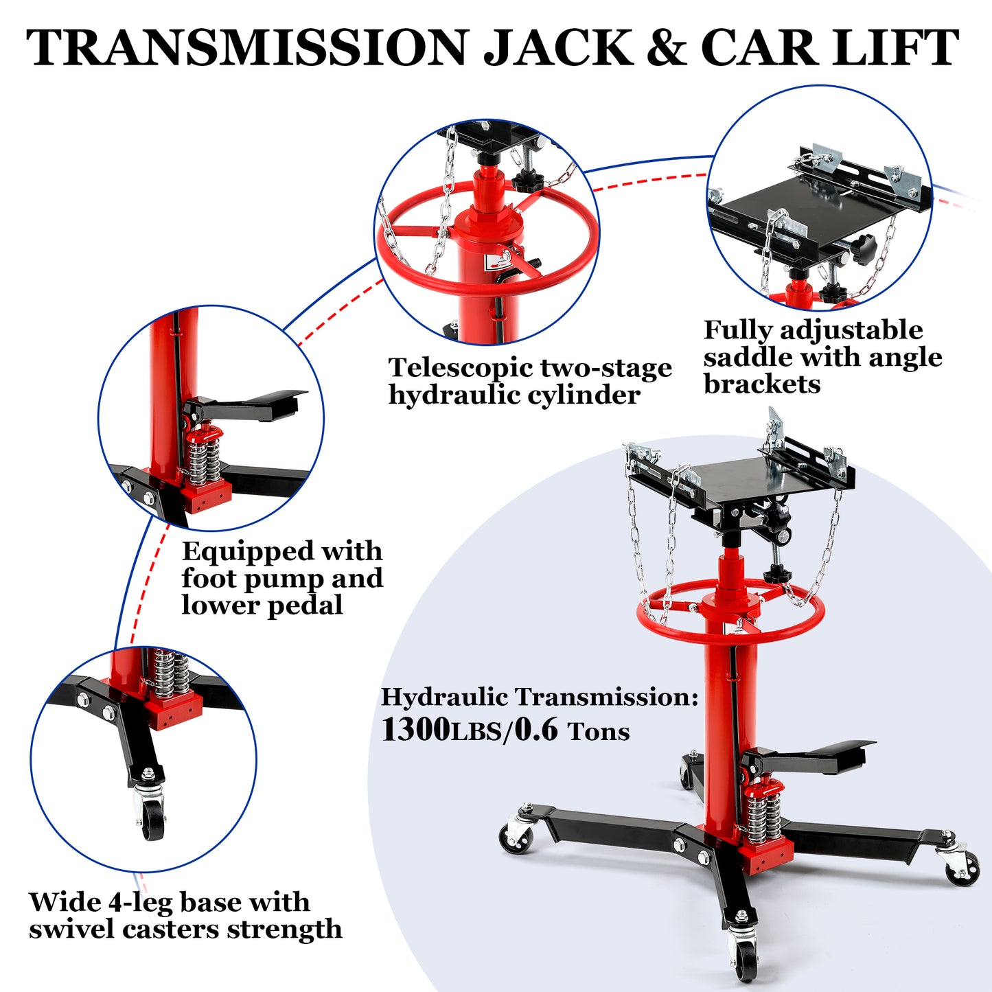 1300 LBS. 0.6 Tons Hydraulic Transmission Jack Floor Jack Stand with Foot Pedal and 360° Swivel Wheel