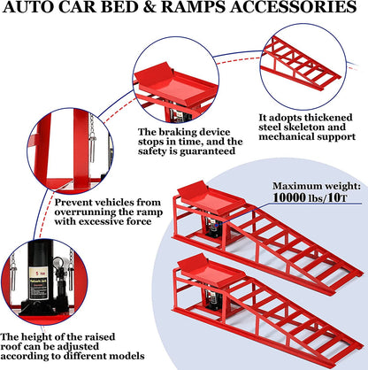 2 Tons 2 Pieces Liftable Heavy-Duty Iron Steel Frame Car Maintenance Ramp in Red